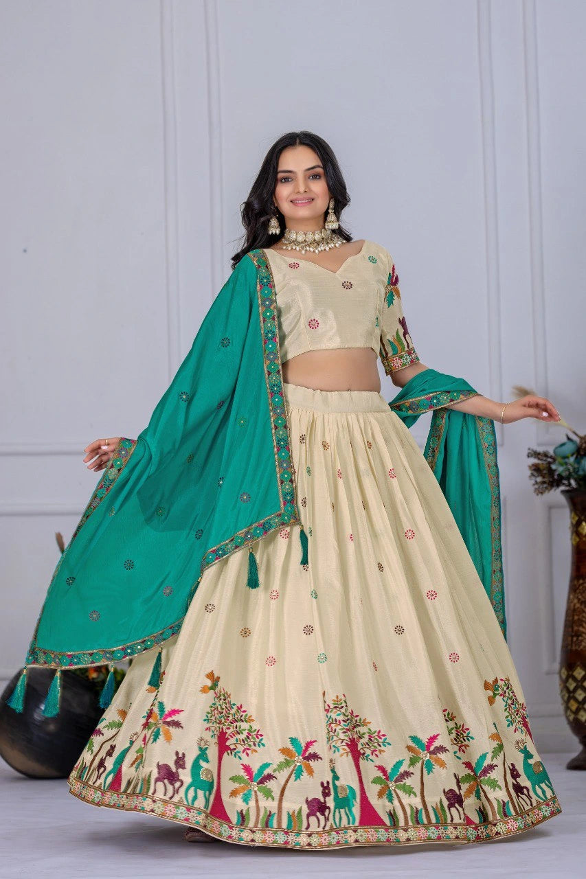 Woman wearing a traditional outfit with a green dupatta against a white background